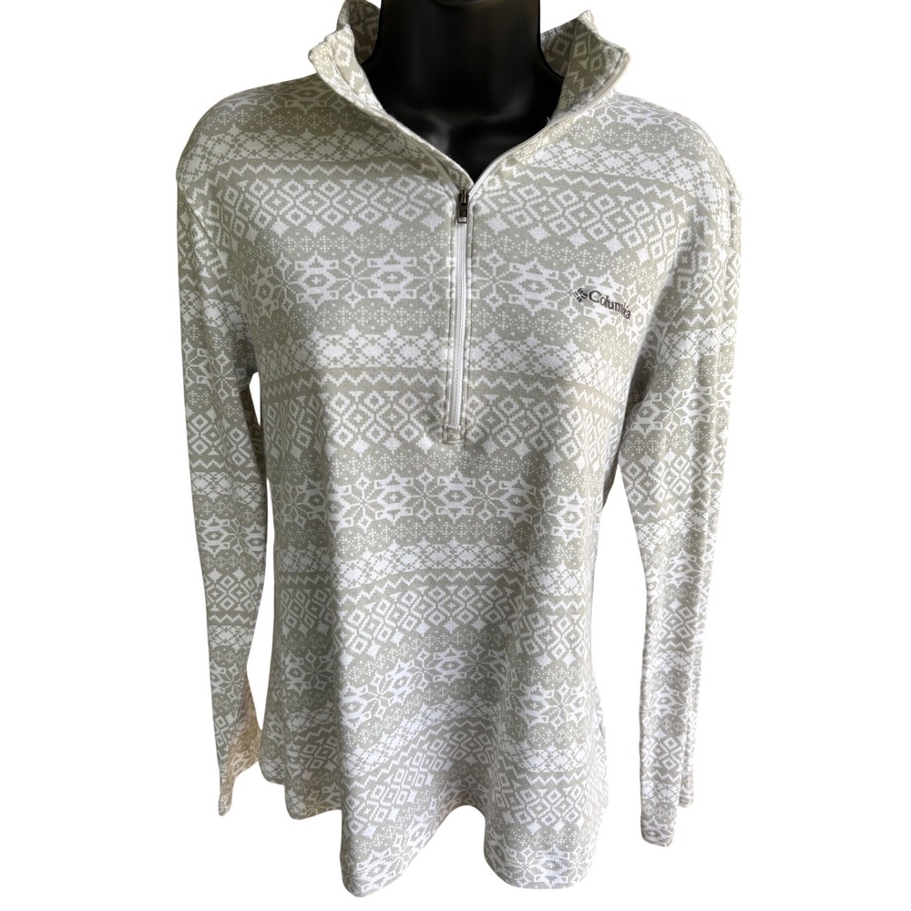 Columbia Womens Tan Fair Isle Quarter Zip Pullover Sweater Mock Neck Size M